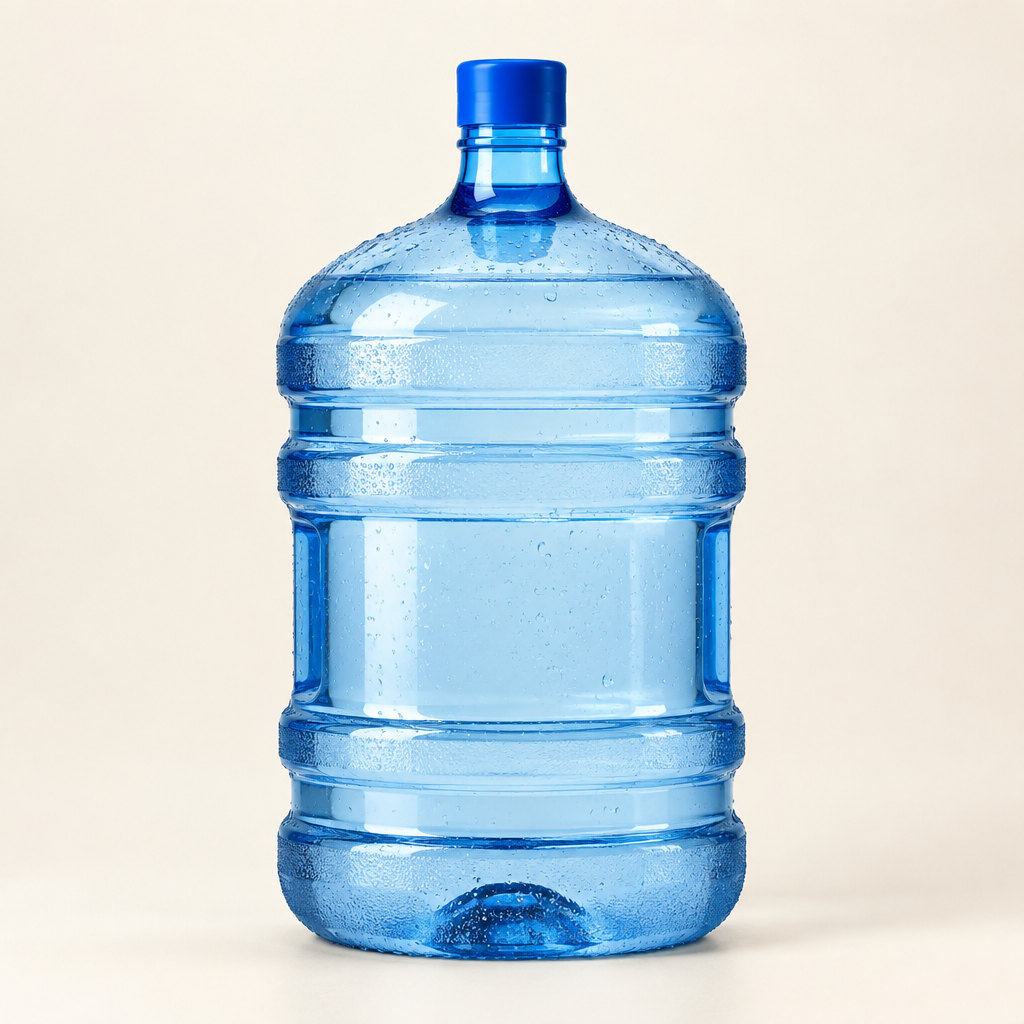 A 5-gallon alkaline water refill bottle